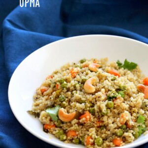 Quinoa Upma Recipe. Indian Savory Breakfast or Side with Quinoa with mustard seeds, toasted cashews, carrots and peas. Vegan Gluten-free Soy-free Recipe | VeganRicha.com #vegan #glutenfree #veganricha