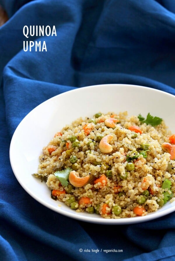 Quinoa Upma Recipe. Indian Savory Breakfast or Side with Quinoa with mustard seeds, toasted cashews, carrots and peas. Vegan Gluten-free Soy-free Recipe | VeganRicha.com #vegan #glutenfree #veganricha