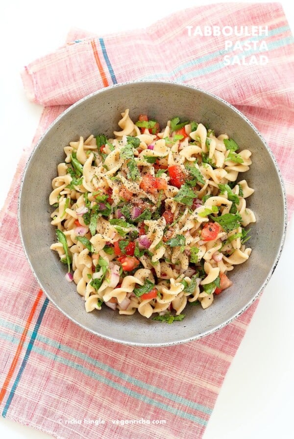 Tabbouleh Pasta Salad. Parsley, tomatoes, fusilli pasta dressed with olive oil, salt, pepper and lemon. Fresh Summer Salad. Vegan Soy-free Recipe. Can be made gluten-free with gf pasta. | VeganRicha.com #glutenfree #veganricha #vegan