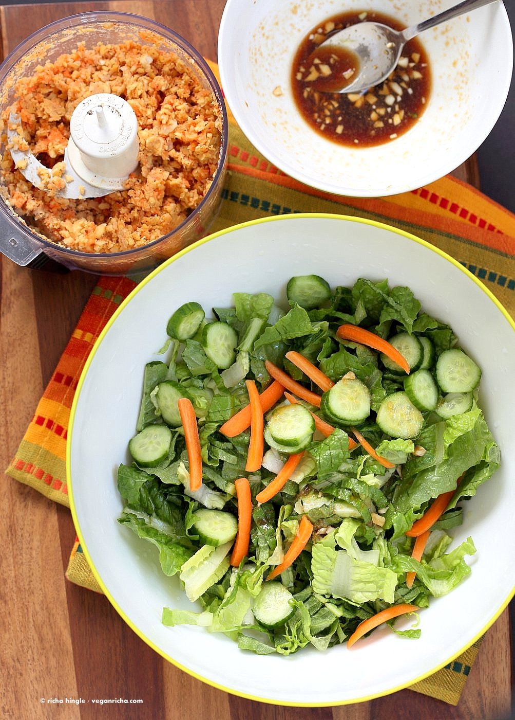 Thai Salad with Chickpea Carrot Crumble & Garlic Sesame Soy Sauce Dressing. Crunchy Summer Salad with Ginger Chickpea Carrot crumble and garlicky dressing. Use lentils for variation. Add roasted peanut or other nuts. Vegan Gluten-free Recipe | VeganRicha.com