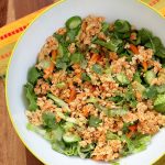 Thai Salad with Chickpea Carrot Crumble & Garlic Sesame Soy Sauce Dressing. Crunchy Summer Salad with Ginger Chickpea Carrot crumble and garlicky dressing. Use lentils for variation. Add roasted peanut or other nuts. Vegan Gluten-free Recipe | VeganRicha.com #glutenfree #veganricha #vegan