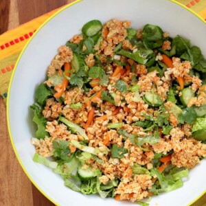 Thai Salad with Chickpea Carrot Crumble & Garlic Sesame Soy Sauce Dressing. Crunchy Summer Salad with Ginger Chickpea Carrot crumble and garlicky dressing. Use lentils for variation. Add roasted peanut or other nuts. Vegan Gluten-free Recipe | VeganRicha.com #glutenfree #veganricha #vegan