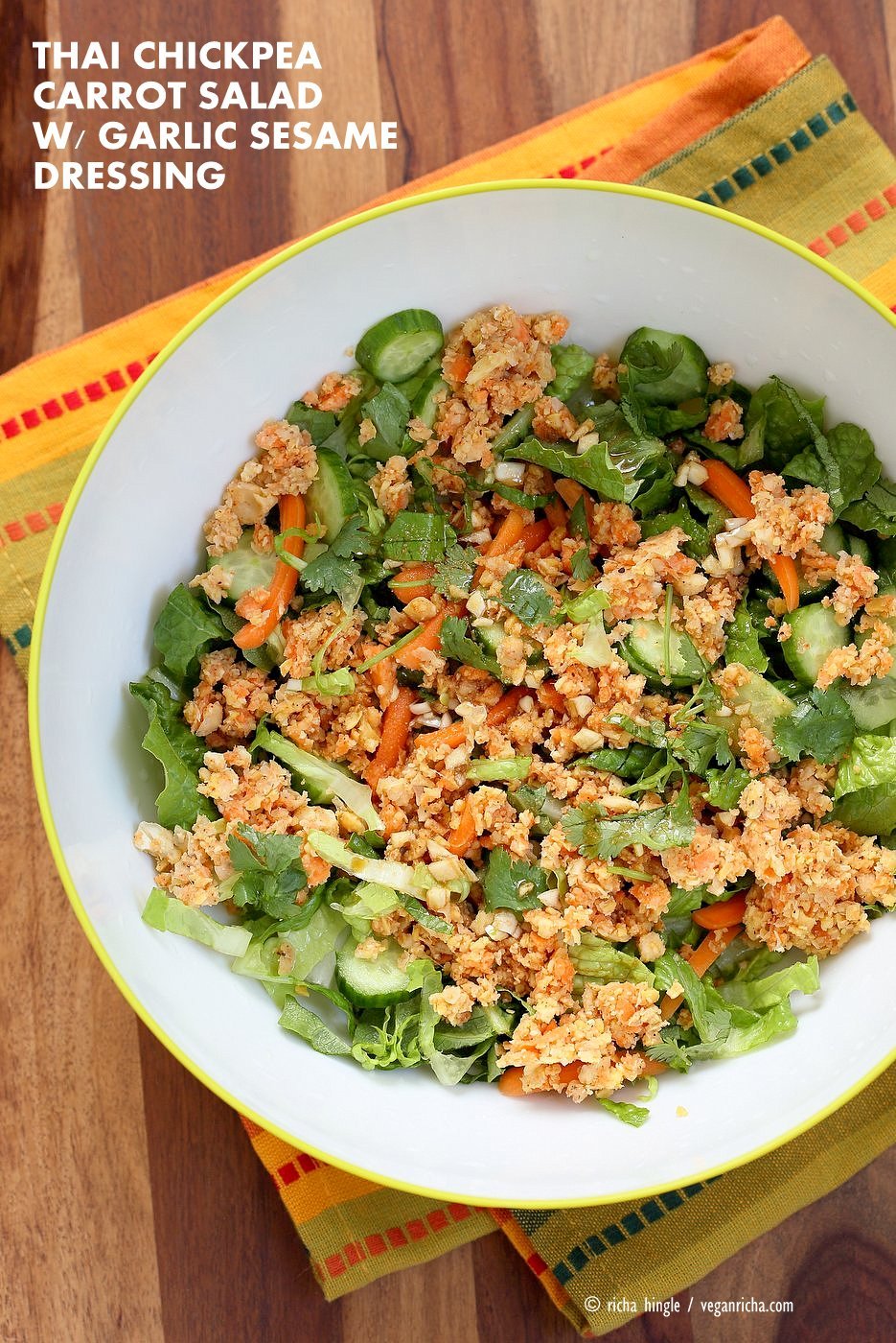 Thai Salad with Chickpea Carrot Crumble & Garlic Sesame Soy Sauce Dressing. Crunchy Summer Salad with Ginger Chickpea Carrot crumble and garlicky dressing. Use lentils for variation. Add roasted peanut or other nuts. Vegan Gluten-free Recipe | VeganRicha.com