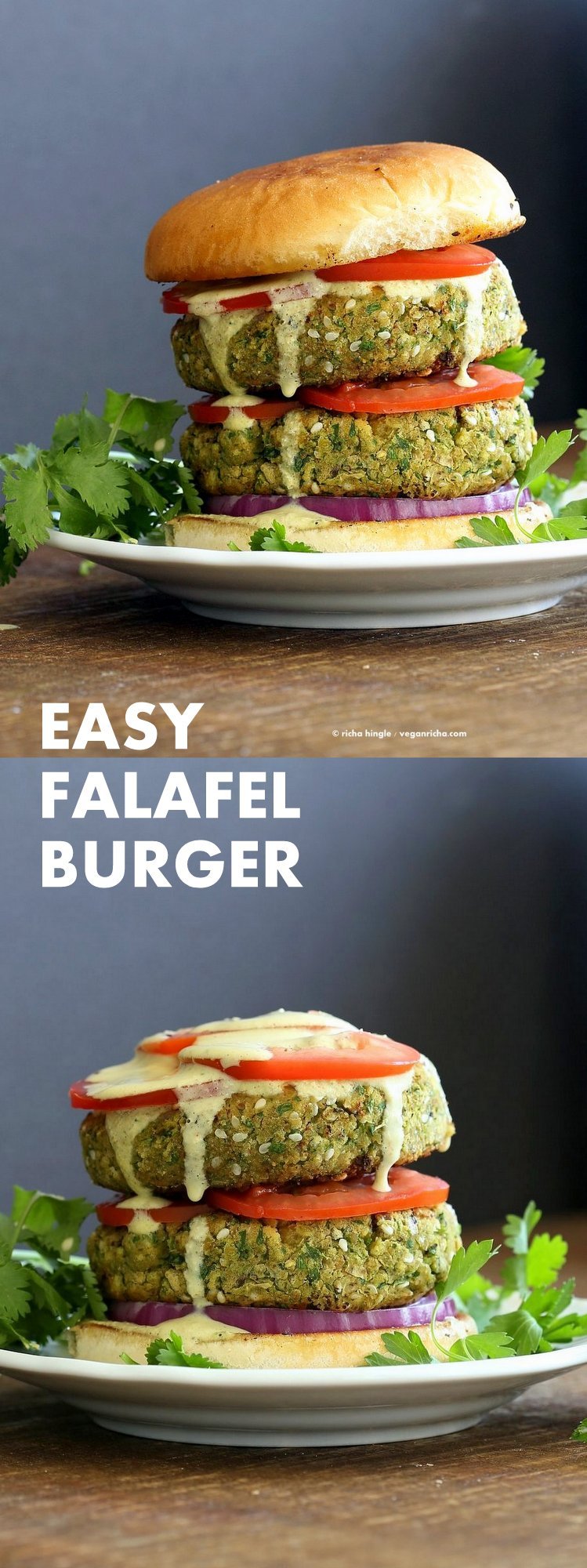 Easy Vegan Falafel Burger. Chickpea patties with 5 minute tahini dressing, tomatoes, onions, pickles make for a filling and flavorful burger. #Vegan #Soyfree #nutfree #Recipe. Can be made #glutenfree | VeganRicha.com