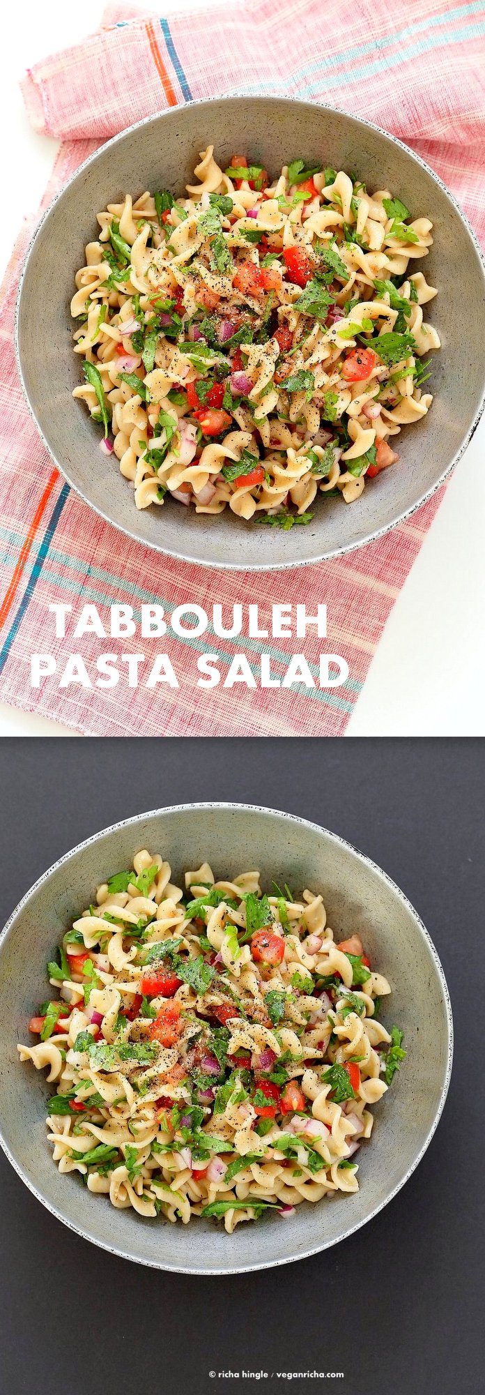 Tabbouleh Pasta Salad. Parsley, tomatoes, fusilli pasta dressed with olive oil, salt, pepper and lemon. Fresh Summer Salad. #Vegan #Soyfree Recipe. Can be made #glutenfree with gf pasta. | VeganRicha.com