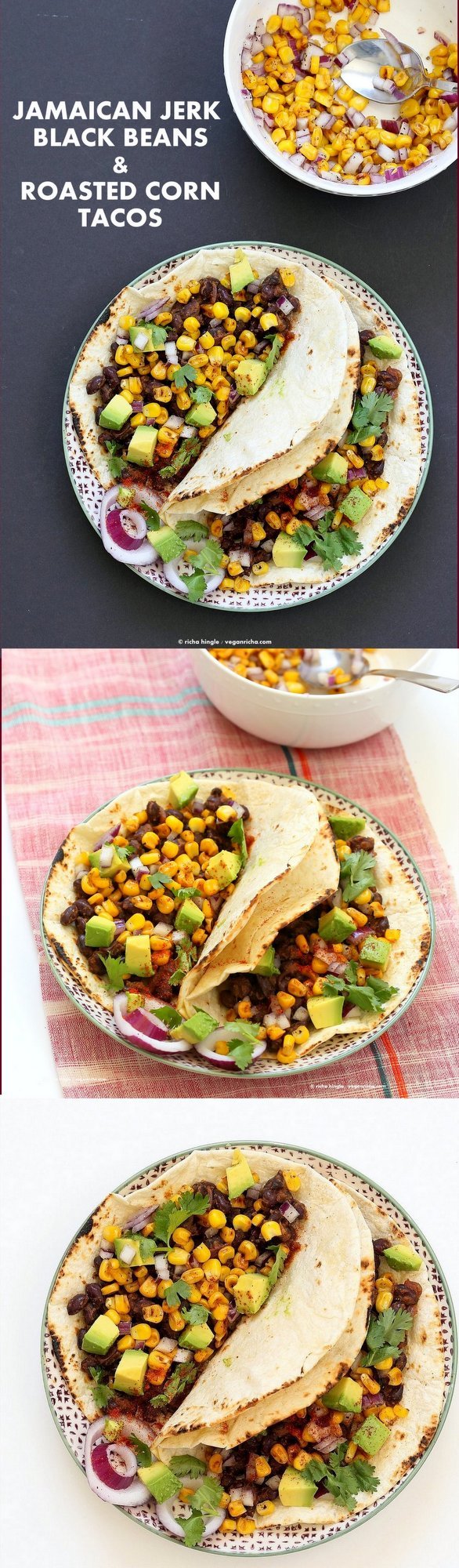 Jamaican Jerk Black Bean Tacos with Roasted Corn Salsa. 25 minute Tacos, full of flavor. Vegan Soy-free Recipe. Can be gluten-free with gf tortillas or soft tacos. | VeganRicha.com