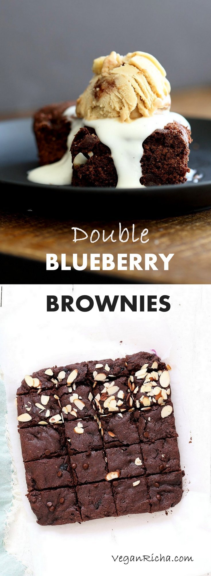 Double Blueberry Brownies. Summer Dark Chocolate Brownies with blueberries and almonds. Blueberries cooked to a compote in the wet and blueberries added with chocolate chips in the batter. #Vegan #Brownie #Recipe. Easily made #Glutenfree | VeganRicha.com