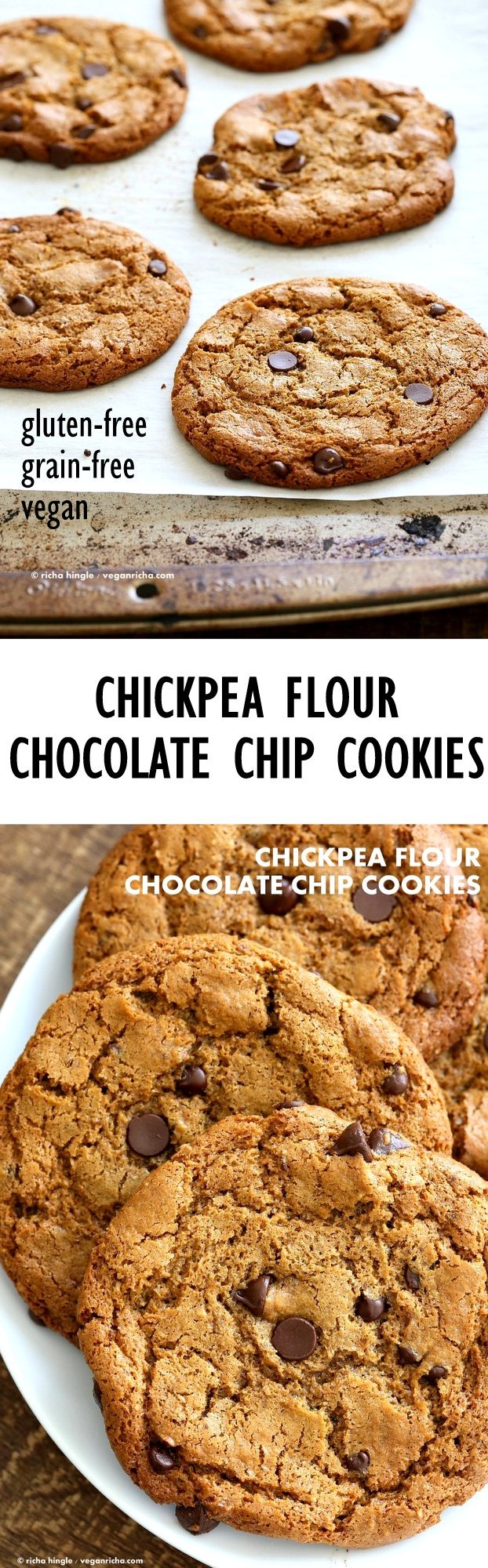 Chickpea Flour Chocolate Chip Cookies. Huge Chewy Cookies full of fiber. 3 gms of protein per cookie! These cookies need 1 Bowl, are grain-free, gluten-free vegan and can be made nut-free. | VeganRicha.com