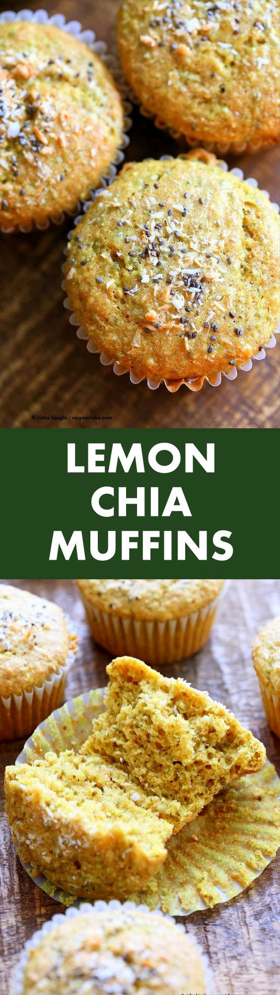 Lemon Coconut Chia Muffins. Zesty Muffins with Lemon, chia seeds, coconut and Turmeric. 1 bowl 30 minute muffins. Vegan Soy-free Nut-free Oil-free Recipe | VeganRicha.com
