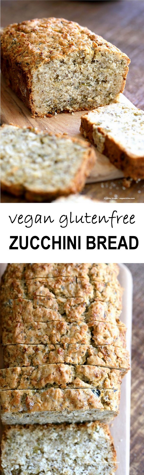 Vegan Gluten free Zucchini Bread Recipe. Moist, soft Zucchini Bread loaded with Oats, Chia seeds, Zucchini. Vegan Gluten-free gum-free Soy-free Recipe | VeganRicha.com