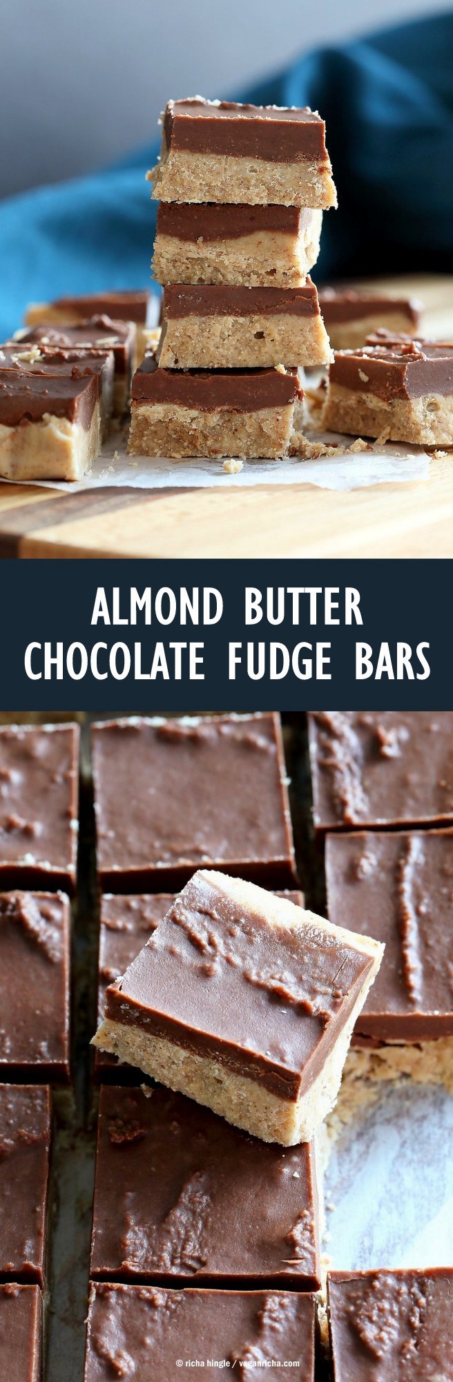 Chocolate Almond Butter Fudge Bars. Easy Vegan Fudge Recipe. Almond Butter or Peanut Butter Fudge. 3 Main ingredients! Nut butter, Coconut butter and maple syrup #Glutenfree #Soyfree #Vegan #Recipe | VeganRicha.com