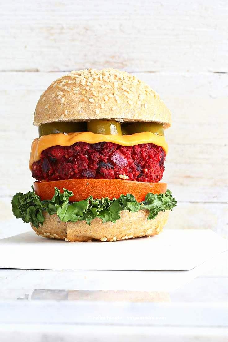 Kidney Bean Millet Beet Burger. Veggie Burgers with Beet, beans and millet (or quinoa). Bake or pan fry and serve with vegan cheese and garnishes of choice. Vegan Burger patties. Soyfree, gluten-free patties. | VeganRicha.com