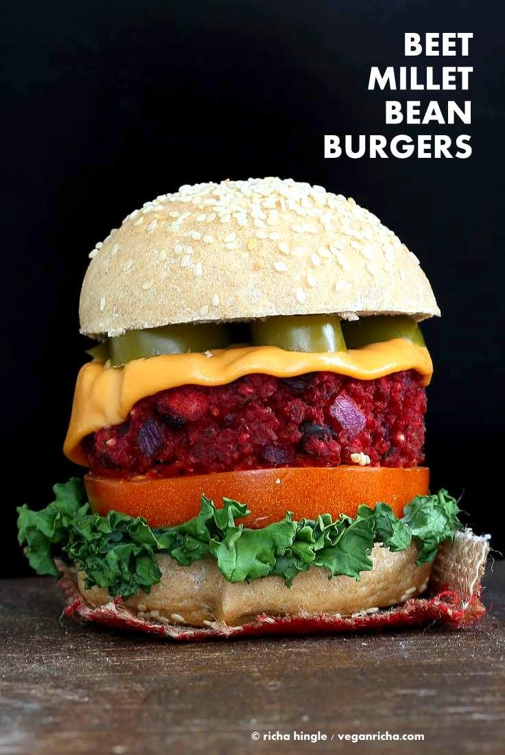 Kidney Bean Millet Beet Burger. Veggie Burgers with Beet, beans and millet (or quinoa). Bake or pan fry and serve with vegan cheese and garnishes of choice. Vegan Burger patties. Soyfree, gluten-free patties. | VeganRicha.com