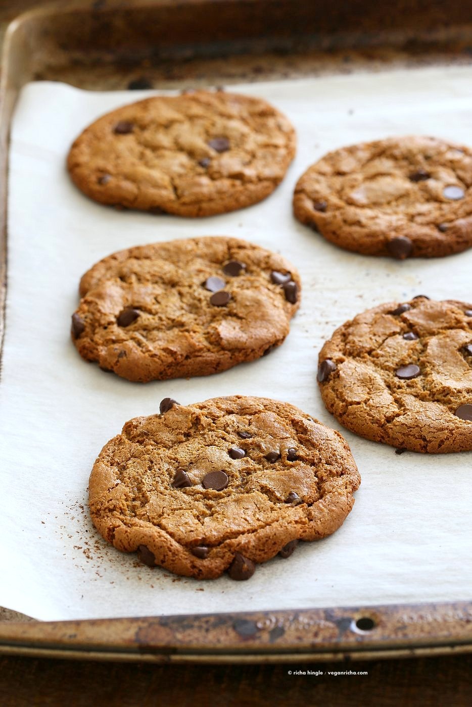 These huge Chickpea Flour Chocolate Chip Cookies are chewy and a perfect treat. These cookies need 1 Bowl, are grain-free, gluten-free vegan and can be made nut-free. | VeganRicha.com