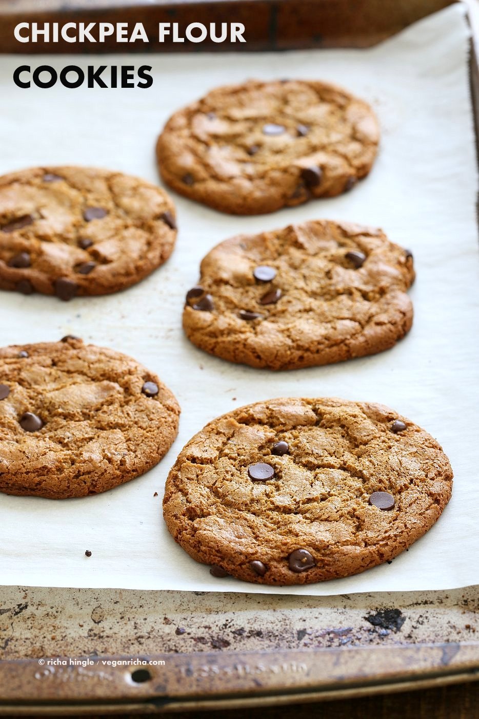 These huge Chickpea Flour Chocolate Chip Cookies are chewy and a perfect treat. These cookies need 1 Bowl, are grain-free, gluten-free vegan and can be made nut-free. | VeganRicha.com