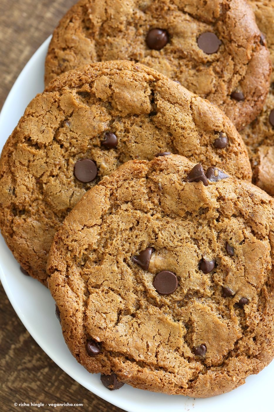These huge Chickpea Flour Chocolate Chip Cookies are chewy and a perfect treat. These cookies need 1 Bowl, are grain-free, gluten-free vegan and can be made nut-free. | VeganRicha.com