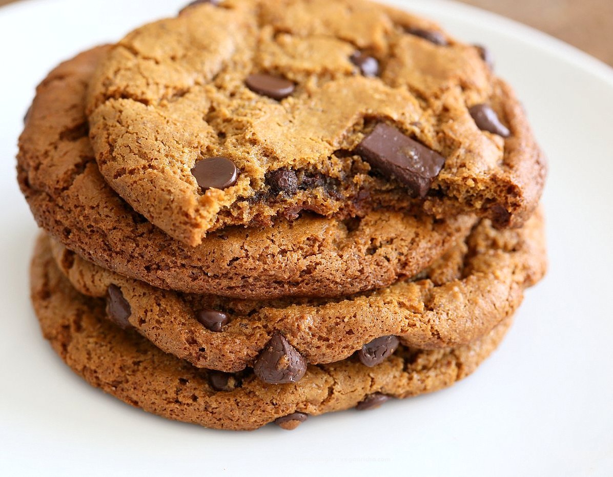 Chickpea Flour Chocolate Chip Cookies. Huge chewy and a perfect treat. These cookies need 1 Bowl, are grain-free, gluten-free vegan and can be made nut-free. | VeganRicha.com