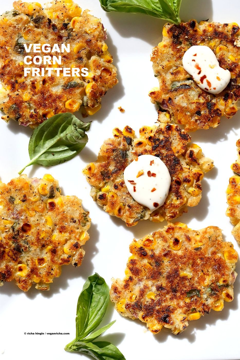 Basil Jalapeno Corn Fritters. Easy Gluten-free Vegan Corn Fritters with jalapeno, basil and black pepper. Serve with ketchup, vegan ranch or chutneys of choice. Soy-free Recipe. | VeganRicha.com