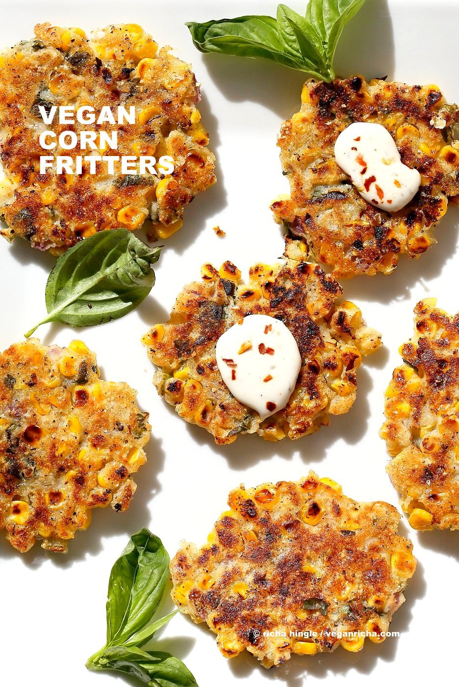 Basil Jalapeno Corn Fritters. Easy Gluten-free Vegan Corn Fritters with jalapeno, basil and black pepper. Serve with ketchup, vegan ranch or chutneys of choice. Soy-free Recipe. | VeganRicha.com