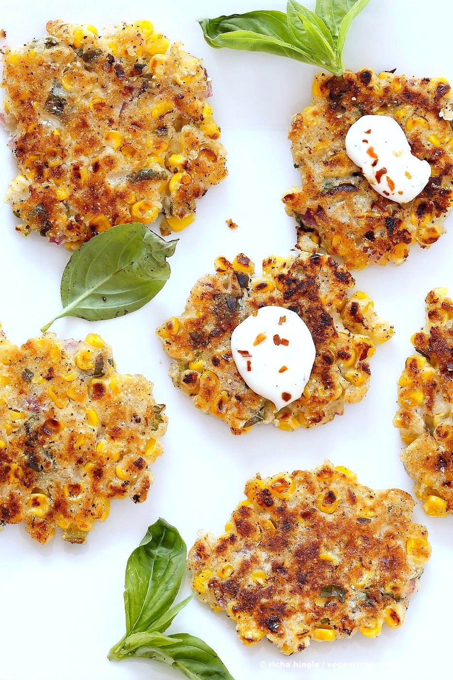 Basil Jalapeno Corn Fritters. Easy Gluten-free Vegan Corn Fritters with jalapeno, basil and black pepper. Serve with ketchup, vegan ranch or chutneys of choice. Soy-free Recipe. | VeganRicha.com