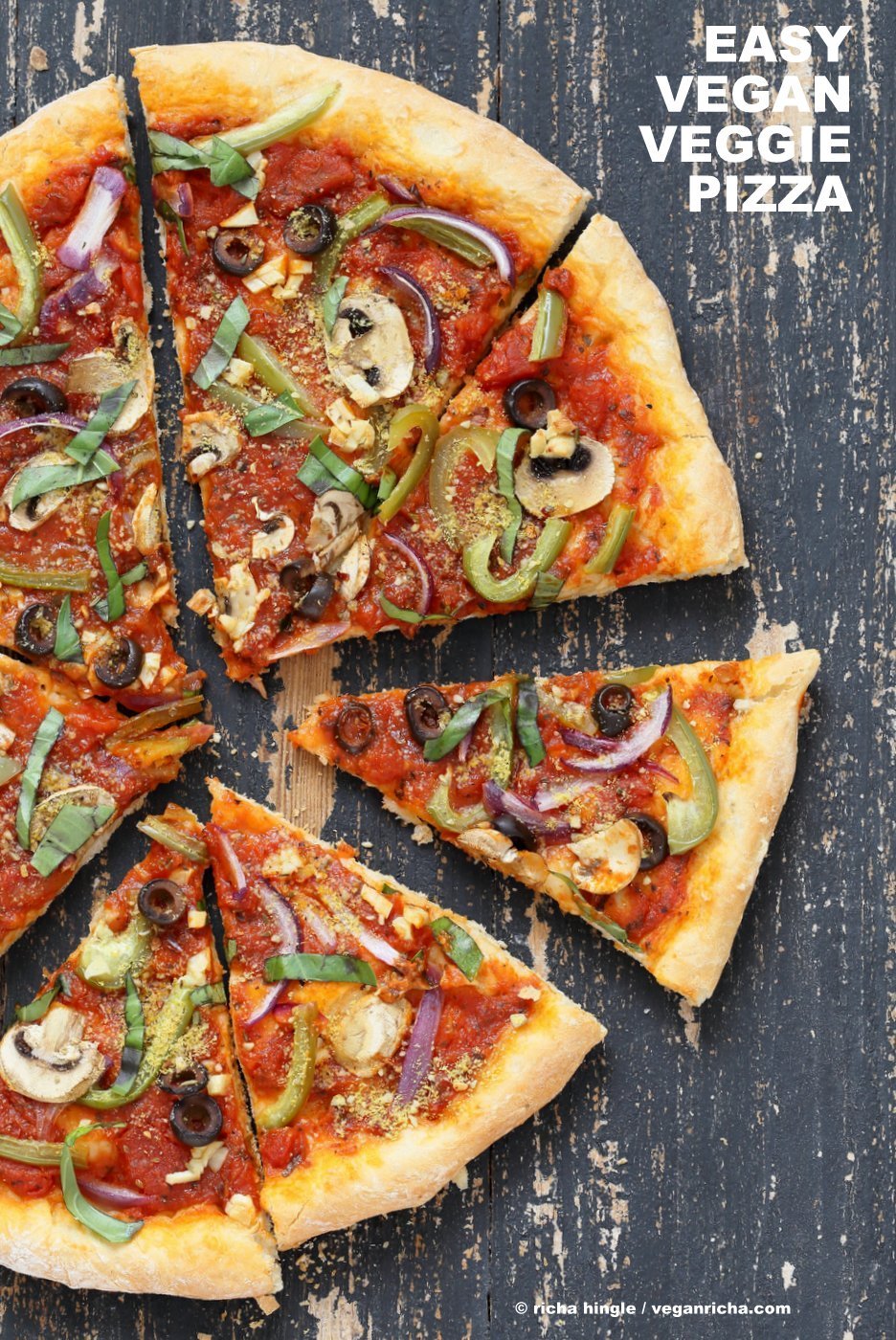 Easy Veggie Vegan Pizza with 20 minute Almost No Knead Crust! Pizza Sauce, Veggies, Mushrooms, Kalamata Olives baked to perfection. Dressed with Vegan Parmesan and fresh basil. Easy Vegan Pizza dough Vegan Soy-free Recipe. Can be Nut-free | VeganRicha.com