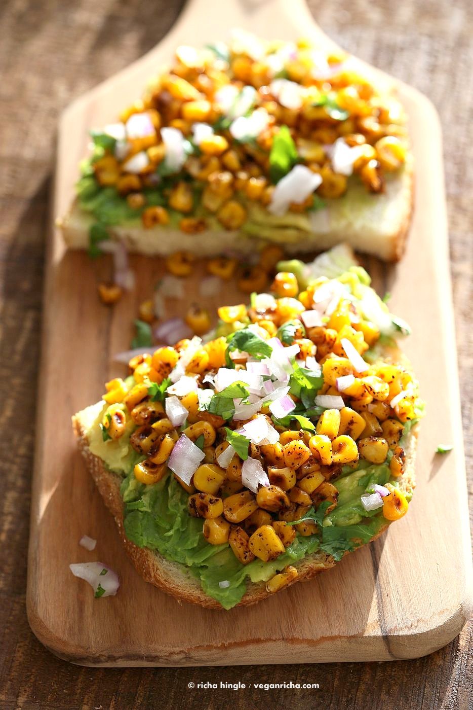 Chipotle Roasted Corn Avocado Toast. Summer corn roasted with chipotle and black pepper and layered over Avocado Toast. Vegan Avocado Recipe. | VeganRicha.com