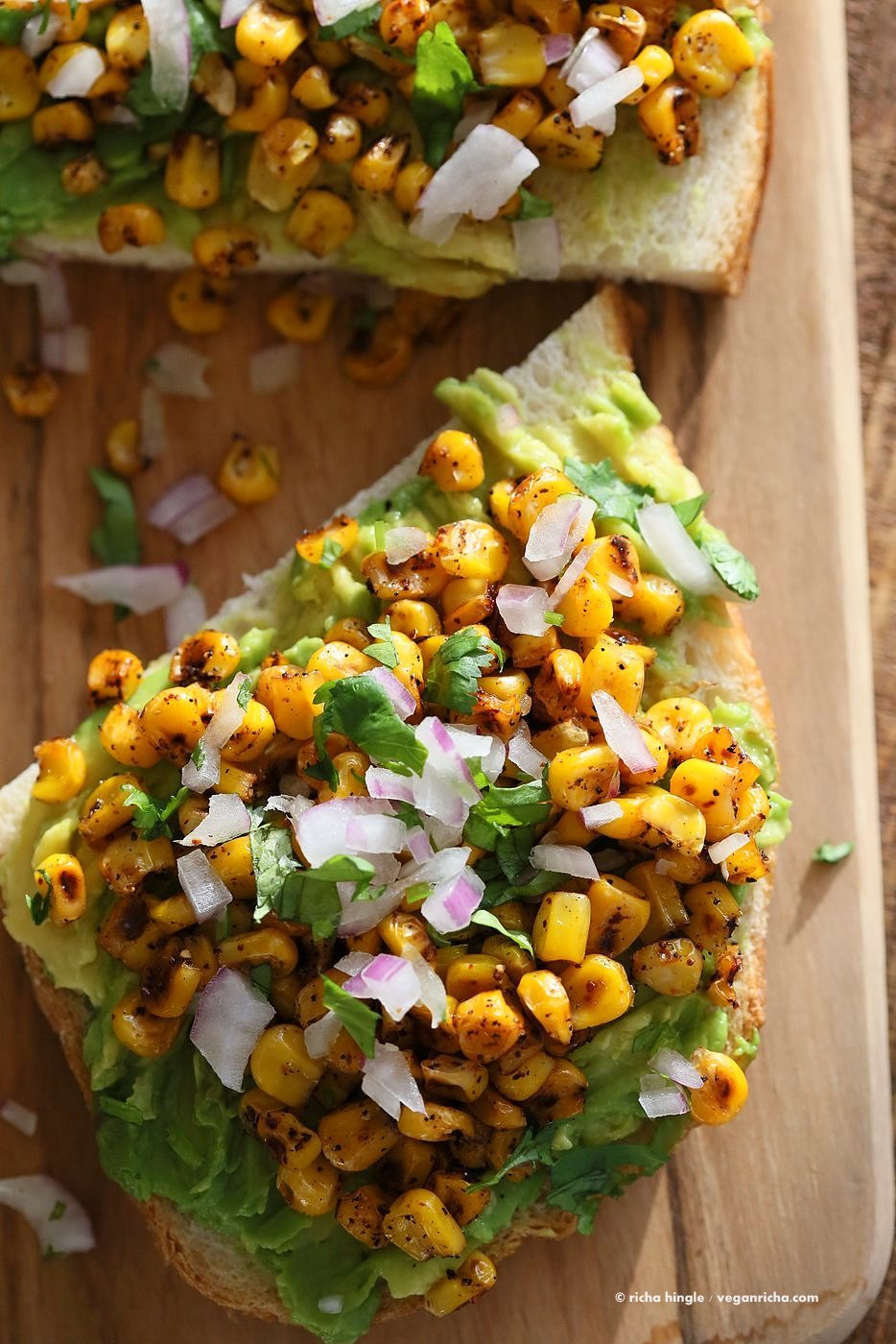 Chipotle Roasted Corn Avocado Toast. Summer corn roasted with chipotle and black pepper and layered over Avocado Toast. Vegan Avocado Recipe. | VeganRicha.com