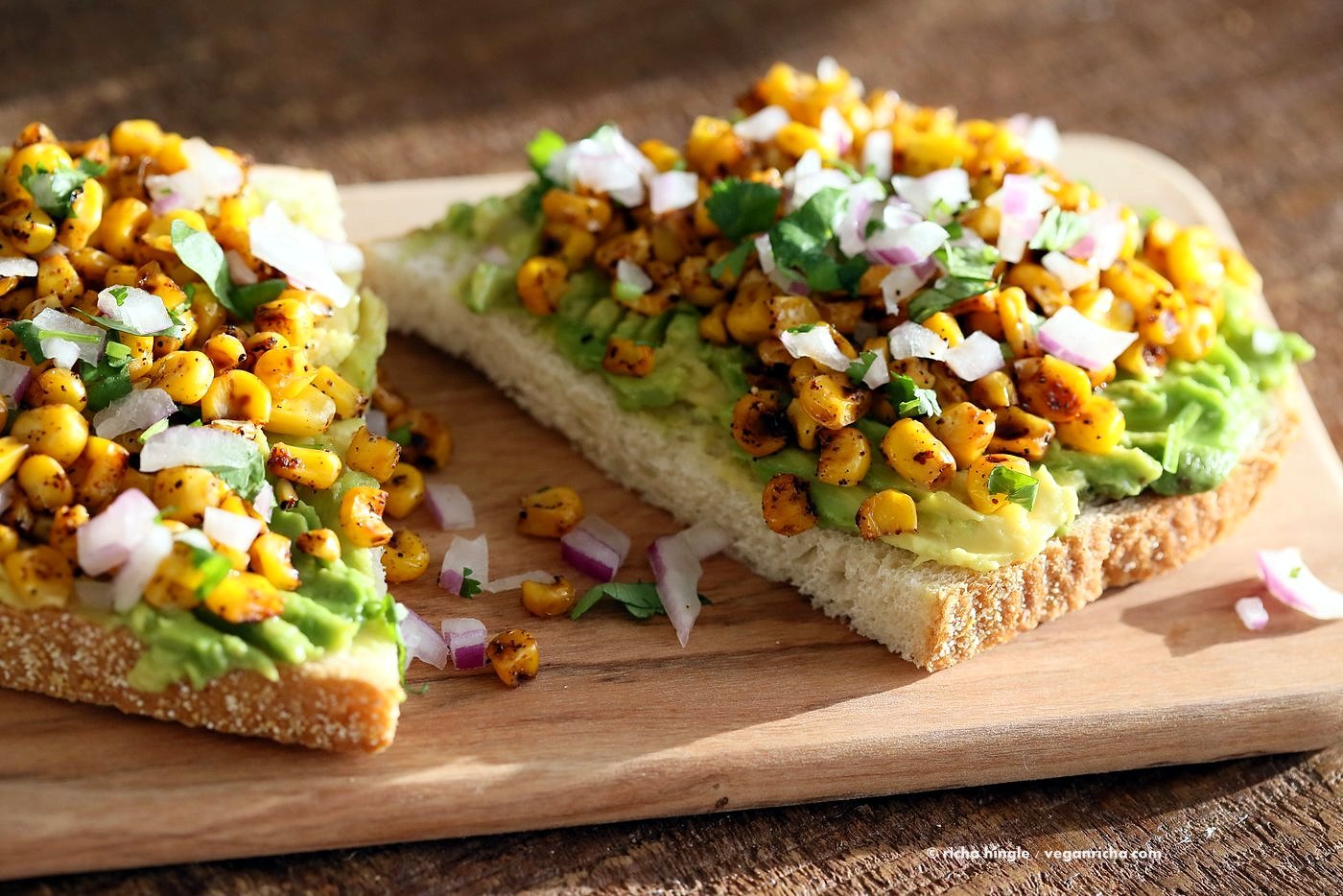 Chipotle Roasted Corn Avocado Toast. Summer corn roasted with chipotle and black pepper and layered over Avocado Toast. Vegan Avocado Recipe. | VeganRicha.com