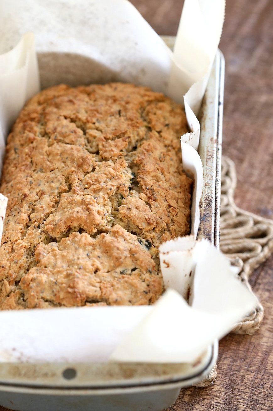 Vegan Gluten free Zucchini Bread Recipe. Moist, soft Zucchini Bread loaded with Oats, Chia seeds, Zucchini. Vegan Gluten-free gum-free Soy-free Recipe | VeganRicha.com