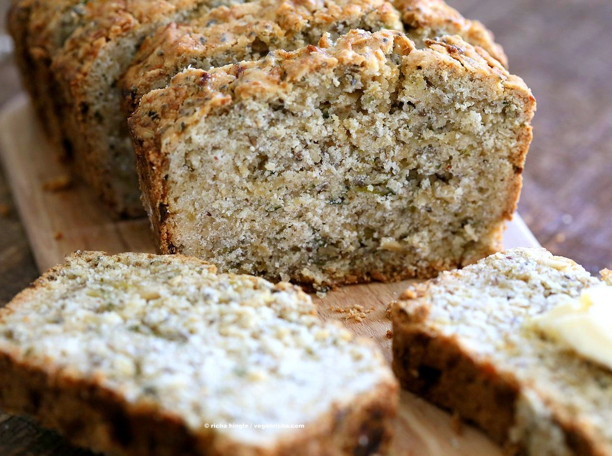 Vegan Gluten free Zucchini Bread Recipe. Moist, soft Zucchini Bread loaded with Oats, Chia seeds, Zucchini. Vegan Gluten-free gum-free Soy-free Recipe | VeganRicha.com