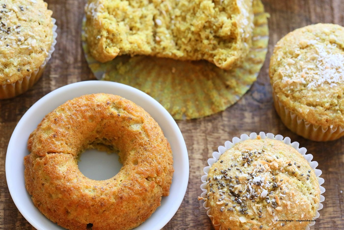 Lemon Coconut Chia Muffins. Zesty Muffins with Lemon, chia seeds, coconut and Turmeric. 1 bowl 20 minute muffins. Vegan Soy-free Nut-free Oil-free Recipe | VeganRicha.com