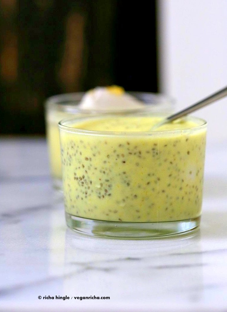 Lemon Curd Chia Pudding. Thick Lemon Coconut Pudding with Chia seeds. This zesty pudding is a refreshing treat for Summer. Serve wih whipped coconut cream. Vegan gluten-free nut-free soy-free Recipe | VeganRicha.com