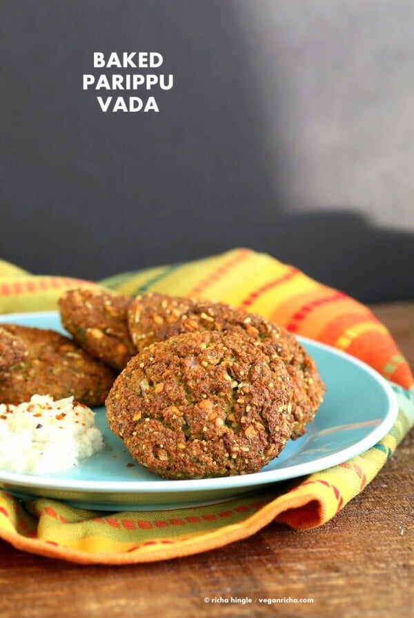 Baked Parippu Vada Recipe - Chana Dal Vada. Chana Dal (Split chickpea) Fritters. Easy fritters with curry leaves and ginger. Use other spices and lentils for variation. Vegan Gluten-free soy-free Recipe | VeganRicha.com #glutenfree #veganricha #vegan