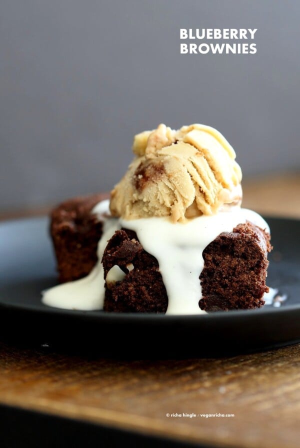 Double Blueberry Brownies. Summer Dark Chocolate Brownies with blueberries and almonds. Blueberries cooked to a compote in the wet and blueberries added with chocolate chips in the batter. Vegan Brownie Recipe. Easily made gluten-free | VeganRicha.com #glutenfree #veganricha #vegan