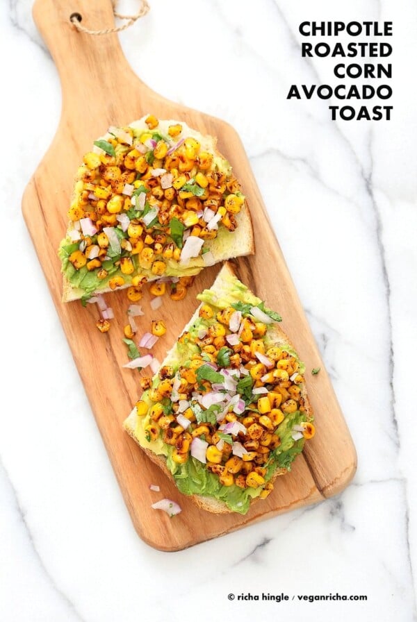 Chipotle Roasted Corn Avocado Toast. Summer corn roasted with chipotle and black pepper and layered over Avocado Toast. Vegan Avocado Recipe. | VeganRicha.com