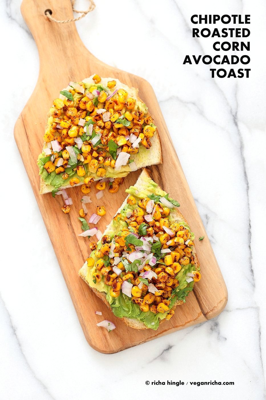 Chipotle Roasted Corn Avocado Toast. Summer corn roasted with Smoked parika, Chipotle and black pepper and layered over Avocado Toast. Vegan Avocado Recipe. | VeganRicha.com