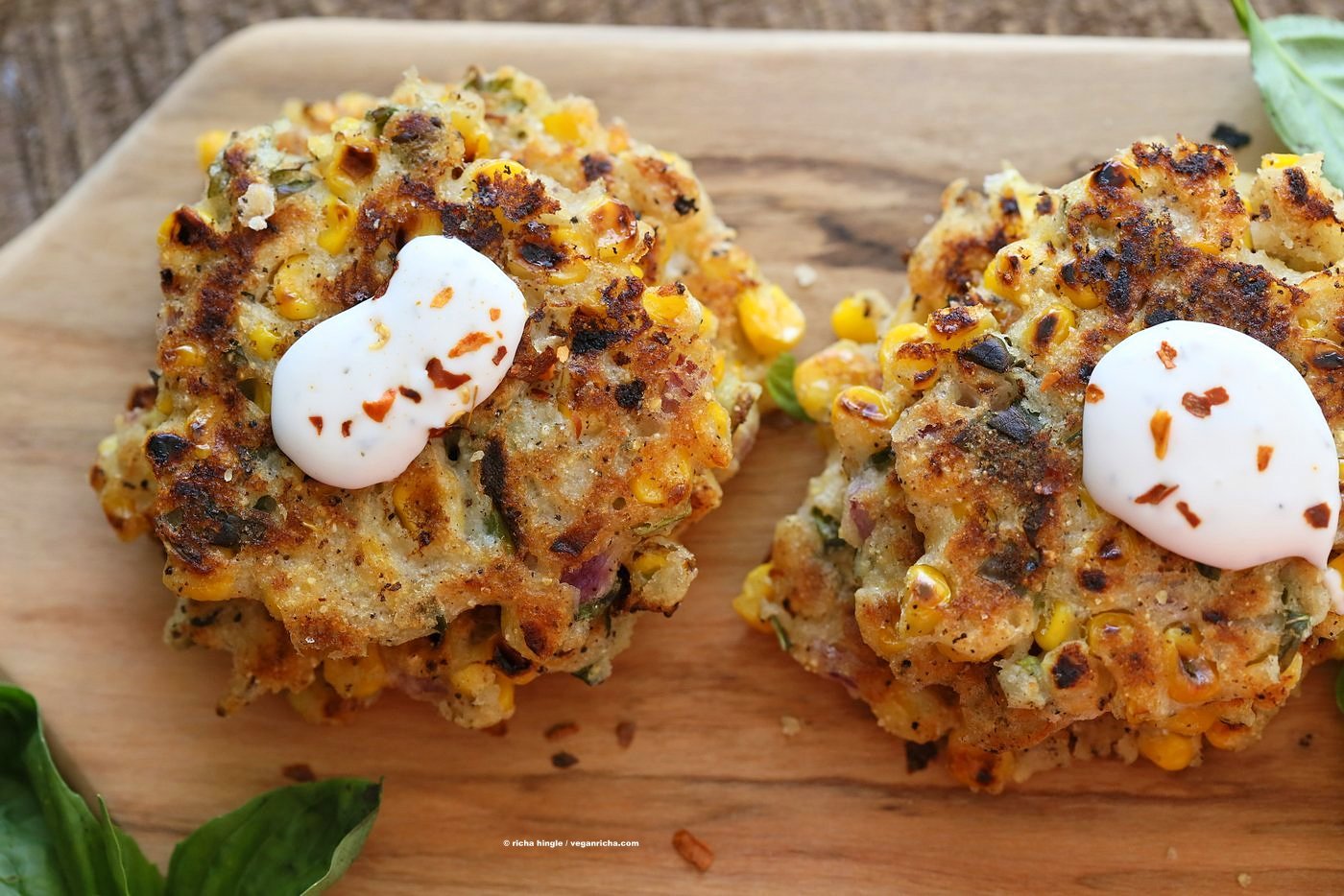 Basil Jalapeno Corn Fritters. Easy Gluten-free Vegan Corn Fritters with jalapeno, basil and black pepper. Serve with ketchup, vegan ranch or chutneys of choice. Soy-free Recipe. | VeganRicha.com