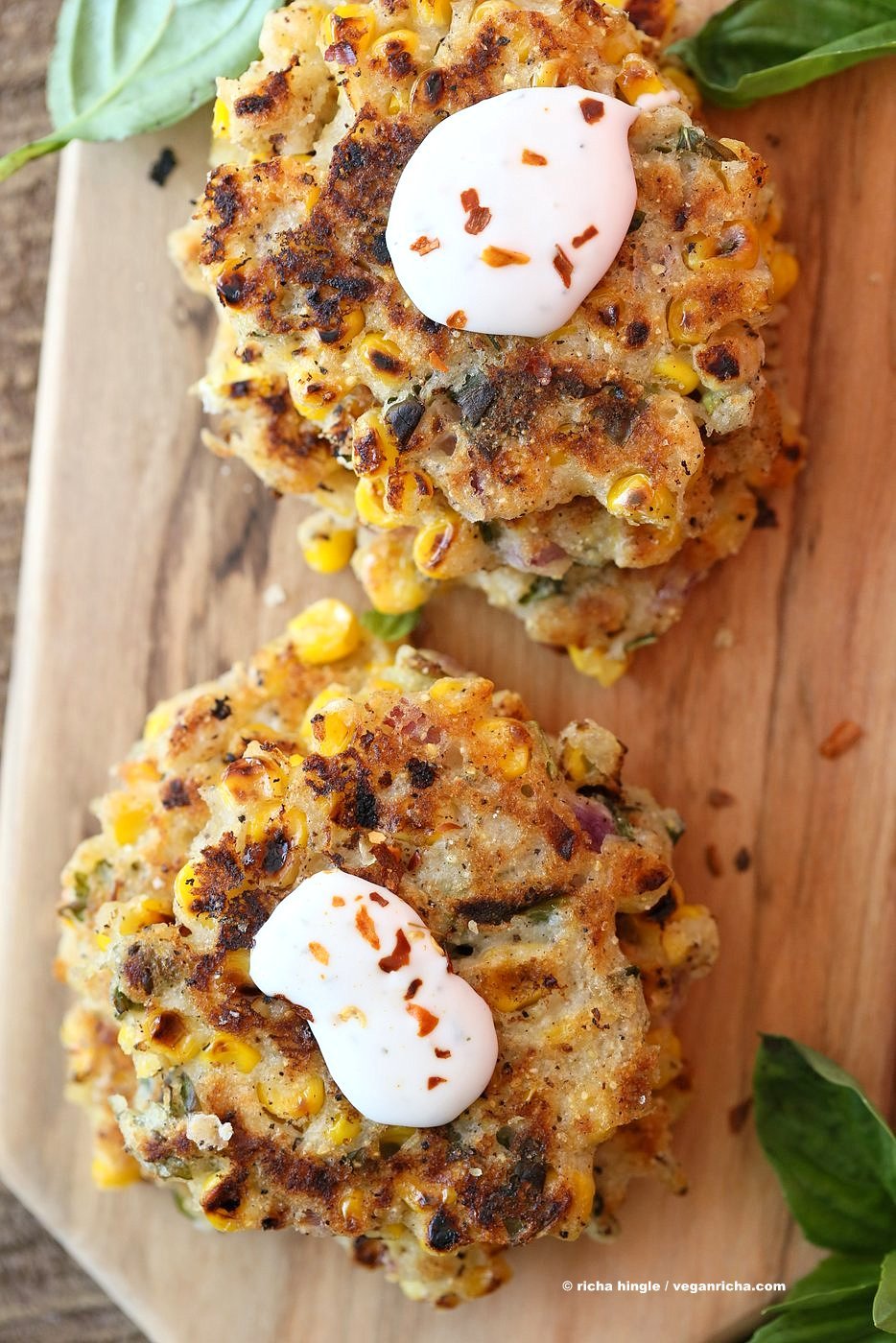 Basil Jalapeno Corn Fritters. Easy Gluten-free Vegan Corn Fritters with jalapeno, basil and black pepper. Serve with ketchup, vegan ranch or chutneys of choice. Soy-free Recipe. | VeganRicha.com