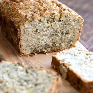 Vegan Gluten free Zucchini Bread Recipe. Moist, soft Zucchini Bread loaded with Oats, Chia seeds, Zucchini. Vegan Gluten-free gum-free Soy-free Recipe | VeganRicha.com #glutenfree #veganricha #vegan