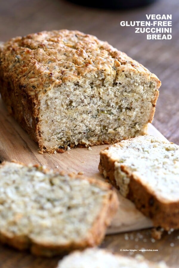 Vegan Gluten free Zucchini Bread Recipe. Moist, soft Zucchini Bread loaded with Oats, Chia seeds, Zucchini. Vegan Gluten-free gum-free Soy-free Recipe | VeganRicha.com #glutenfree #veganricha #vegan