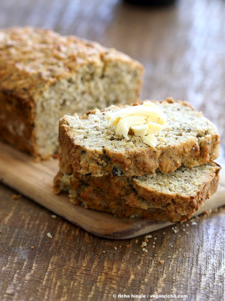 Vegan Gluten free Zucchini Bread Recipe. Moist, soft Zucchini Bread loaded with Oats, Chia seeds, Zucchini. Vegan Gluten-free gum-free Soy-free Recipe | VeganRicha.com
