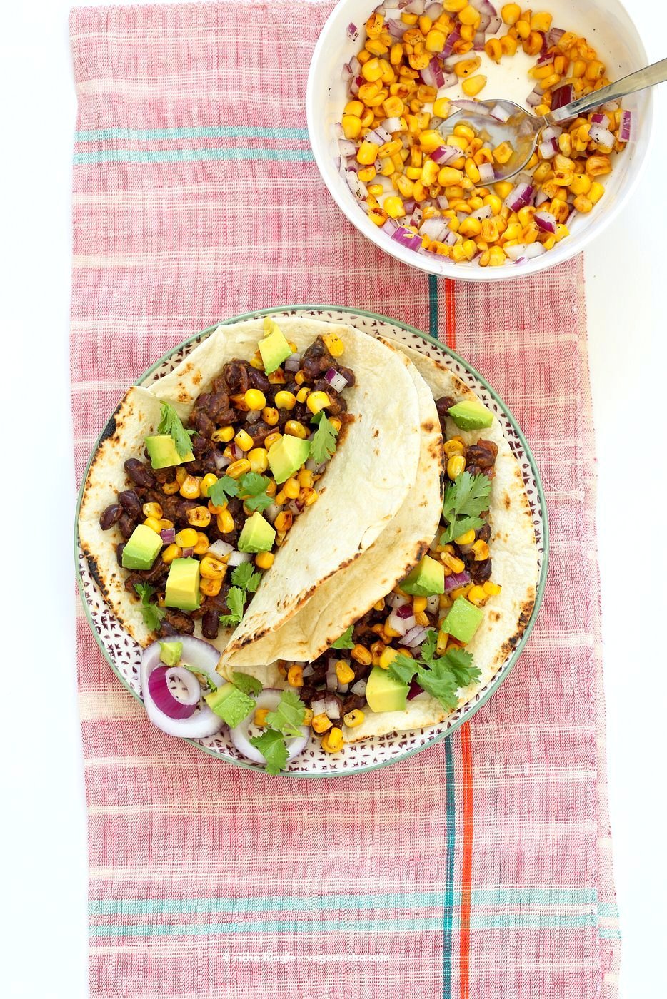 Jamaican Jerk Black Bean Tacos with Roasted Corn Salsa. 25 minute Tacos, full of flavor. Vegan Soy-free Recipe. Can be gluten-free with gf tortillas or soft tacos. | VeganRicha.com