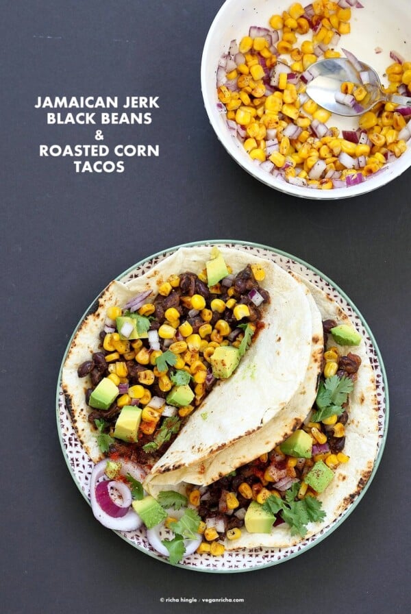 Jamaican Jerk Black Bean Tacos with Roasted Corn Salsa. 25 minute Tacos, full of flavor. Vegan Soy-free Recipe. Can be gluten-free with gf tortillas or soft tacos. | VeganRicha.com #glutenfree #veganricha #vegan