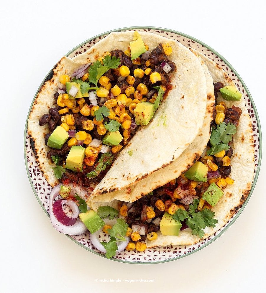 Jamaican Jerk Black Bean Tacos with Roasted Corn Salsa. 25 minute Tacos, full of flavor. Vegan Soy-free Recipe. Can be gluten-free with gf tortillas or soft tacos. | VeganRicha.com