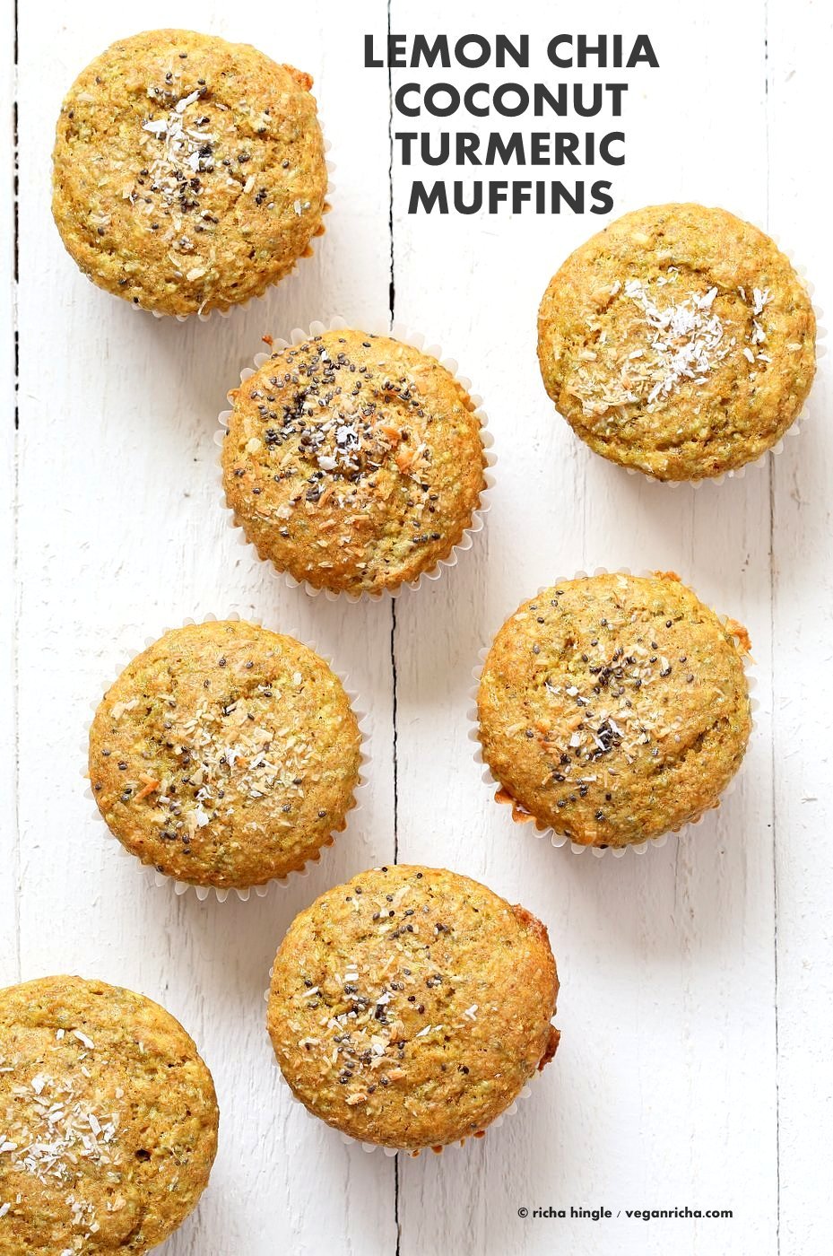 Lemon Coconut Chia Muffins. Zesty Muffins with Lemon, chia seeds, coconut and Turmeric. 1 bowl 30 minute muffins. Vegan Soy-free Nut-free Oil-free Recipe | VeganRicha.com