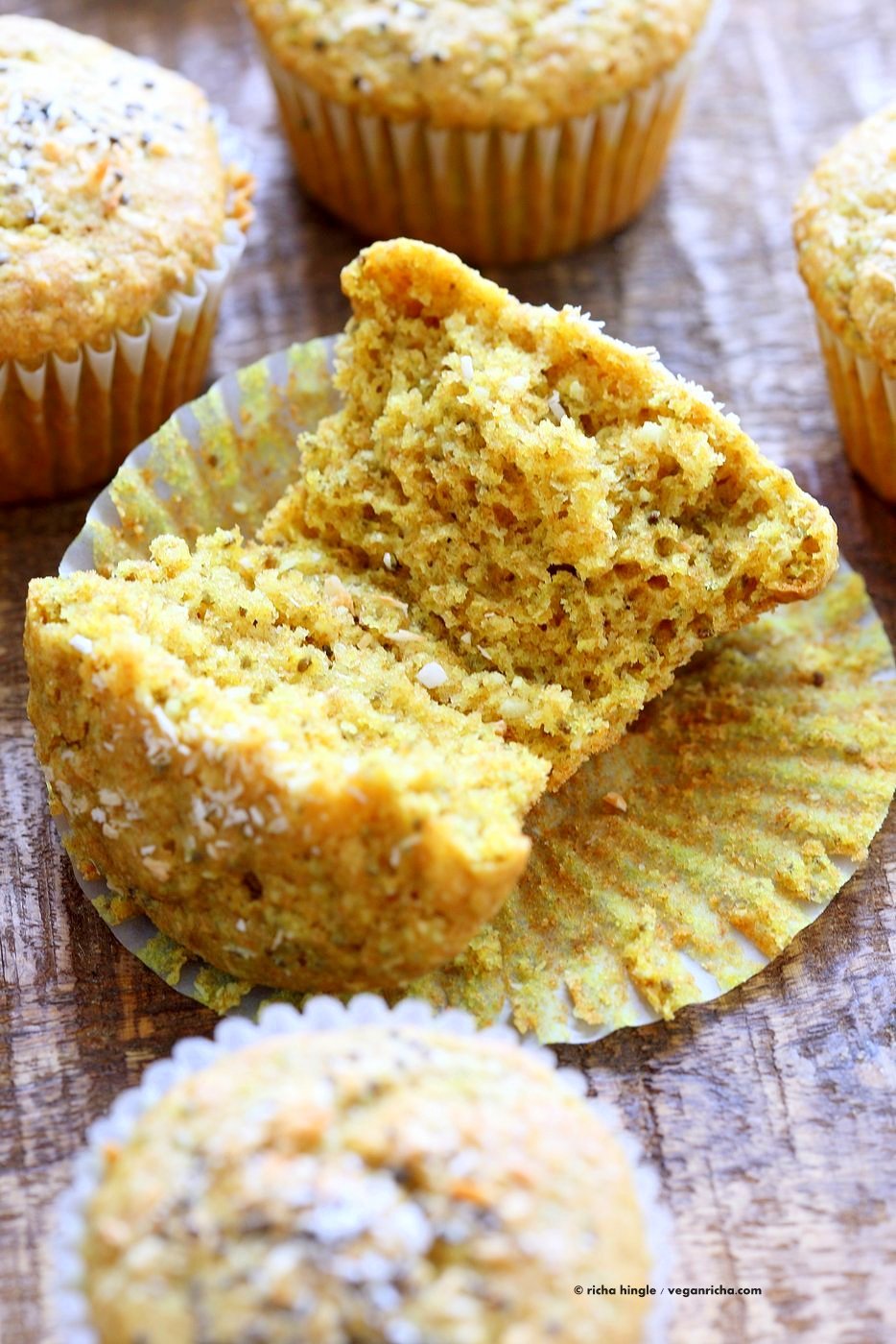 Lemon Coconut Chia Muffins. Zesty Muffins with Lemon, chia seeds, coconut and Turmeric. 1 bowl 30 minute muffins. Vegan Soy-free Nut-free Oil-free Recipe | VeganRicha.com