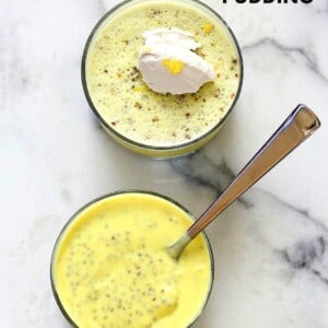 Lemon Curd Chia Pudding. Thick Lemon Coconut Pudding with Chia seeds. This zesty pudding is a refreshing treat for Summer. Serve wih whipped coconut cream. Vegan gluten-free nut-free soy-free Recipe | VeganRicha.com #glutenfree #veganricha #vegan