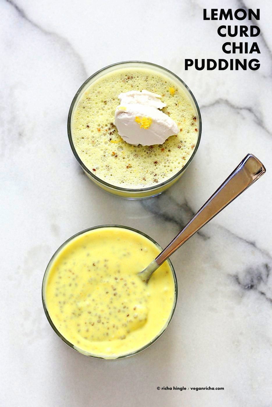 Lemon Curd Chia Pudding. Thick Lemon Coconut Pudding with Chia seeds. This zesty pudding is a refreshing treat for Summer. Serve wih whipped coconut cream. Vegan gluten-free nut-free soy-free Recipe | VeganRicha.com