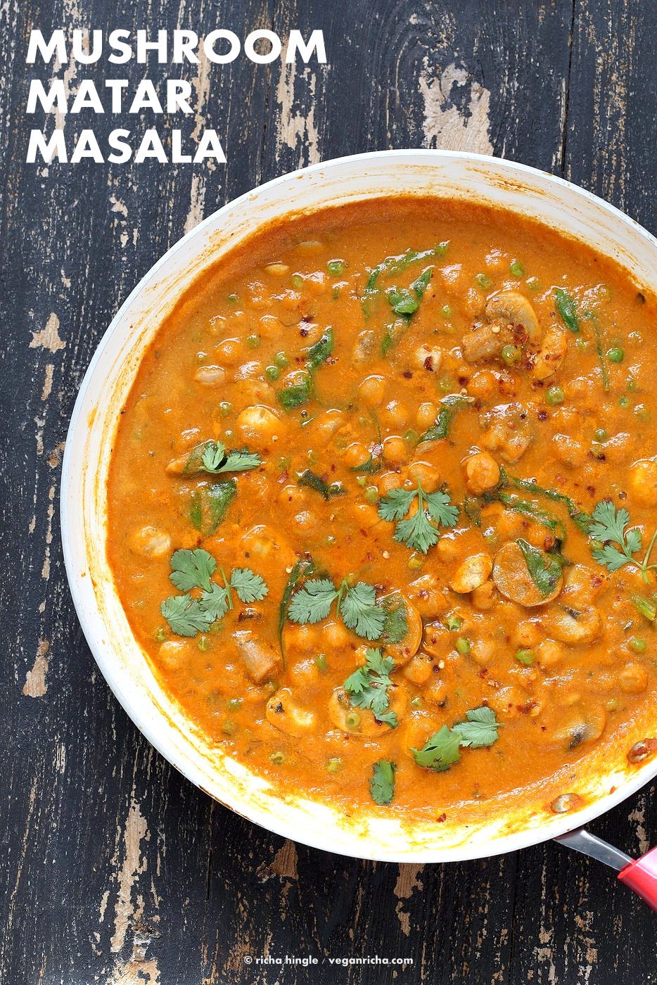 Mushroom Matar Masala. Mushrooms and Peas in creamy tomato sauce. Easy Mushroom Masala Recipe. Vegan Gluten-free Soy-free. | VeganRicha.com