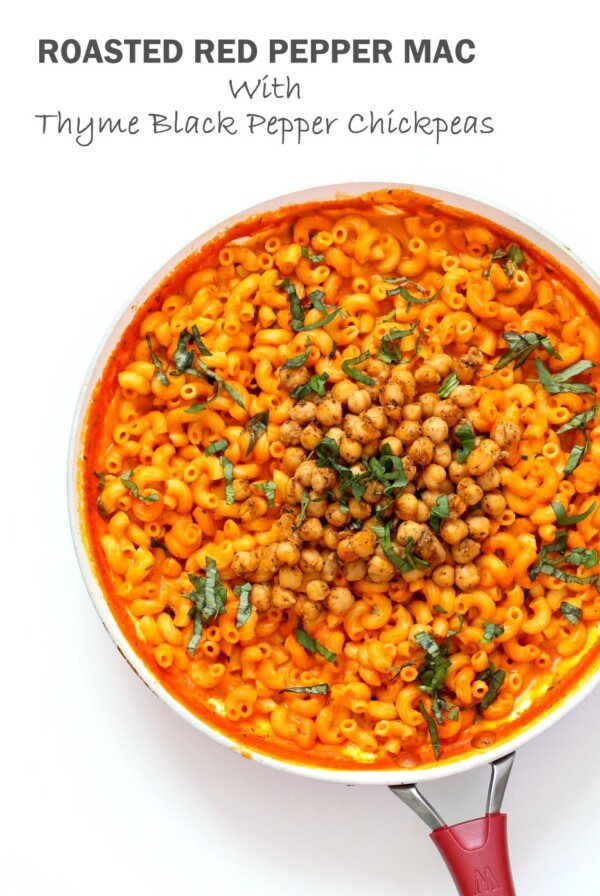 Creamy Roasted Red Pepper Pasta with Black Pepper Chickpeas. Elbows pasta in roasted red pepper sauce with crisp black pepper thyme chickpeas. Vegan Soy-free Recipe. Can be gluten-free with gluten-free pasta. | VeganRicha.com #glutenfree #veganricha #vegan